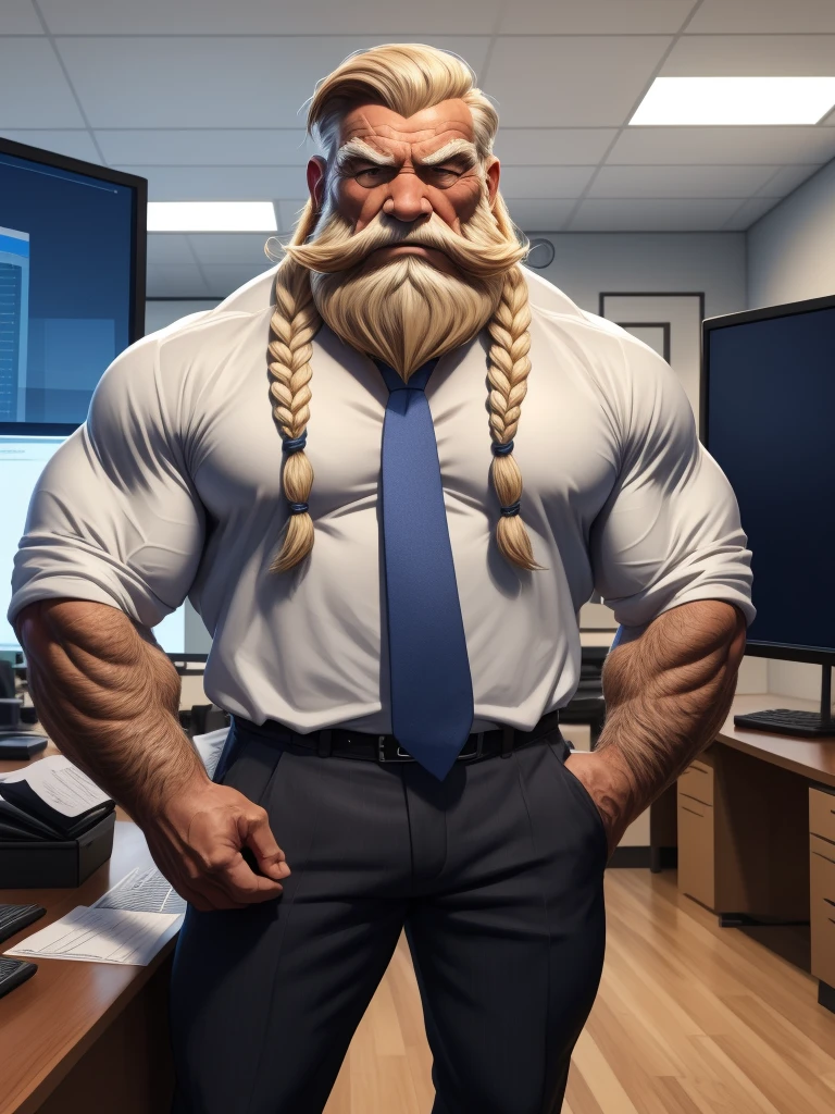 a muscular old man with a long beard, braided beard, no mustache, wearing a shirt, necktie, standing in office, (best quality,4k,8k,highres,masterpiece:1.2),ultra-detailed,,detailed wrinkles,detailed facial features,detailed texture, half body, halfbody