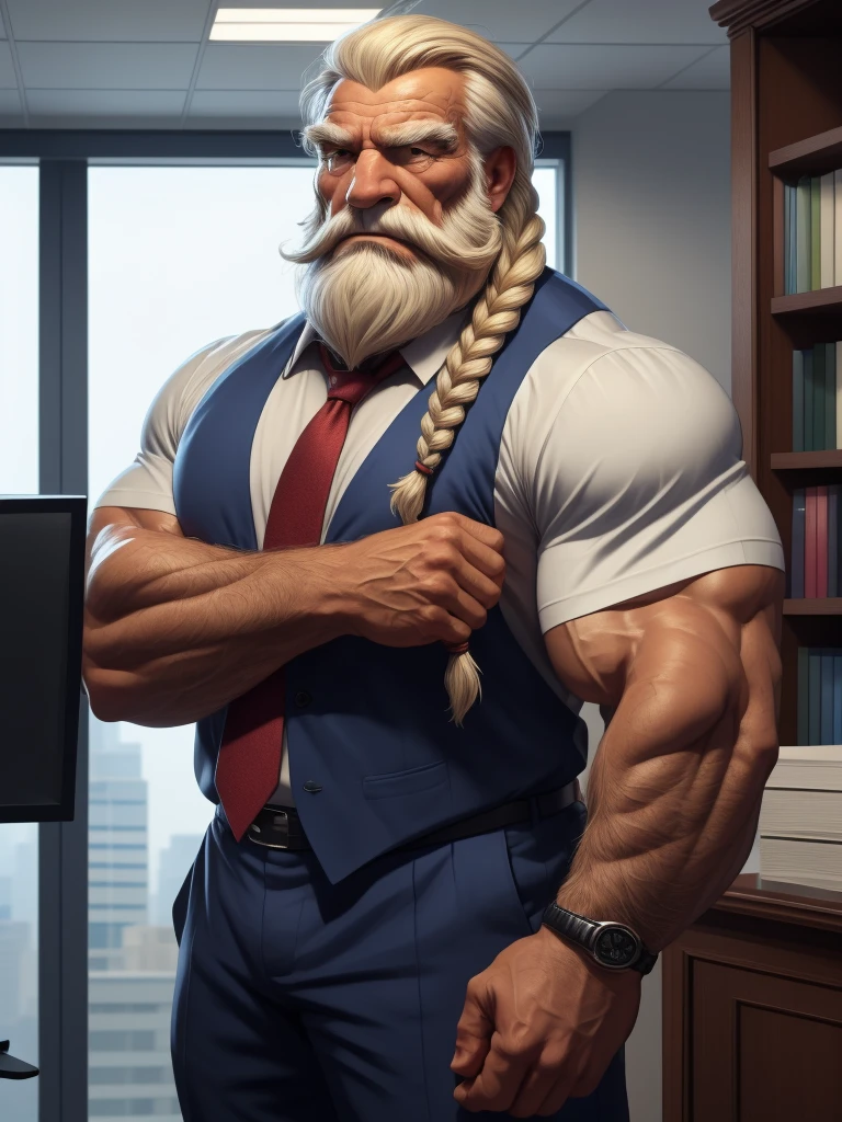 a muscular old man with a long beard, braided beard, no mustache, wearing a shirt, necktie, standing in office, (best quality,4k,8k,highres,masterpiece:1.2),ultra-detailed,,detailed wrinkles,detailed facial features,detailed texture, half body, halfbody