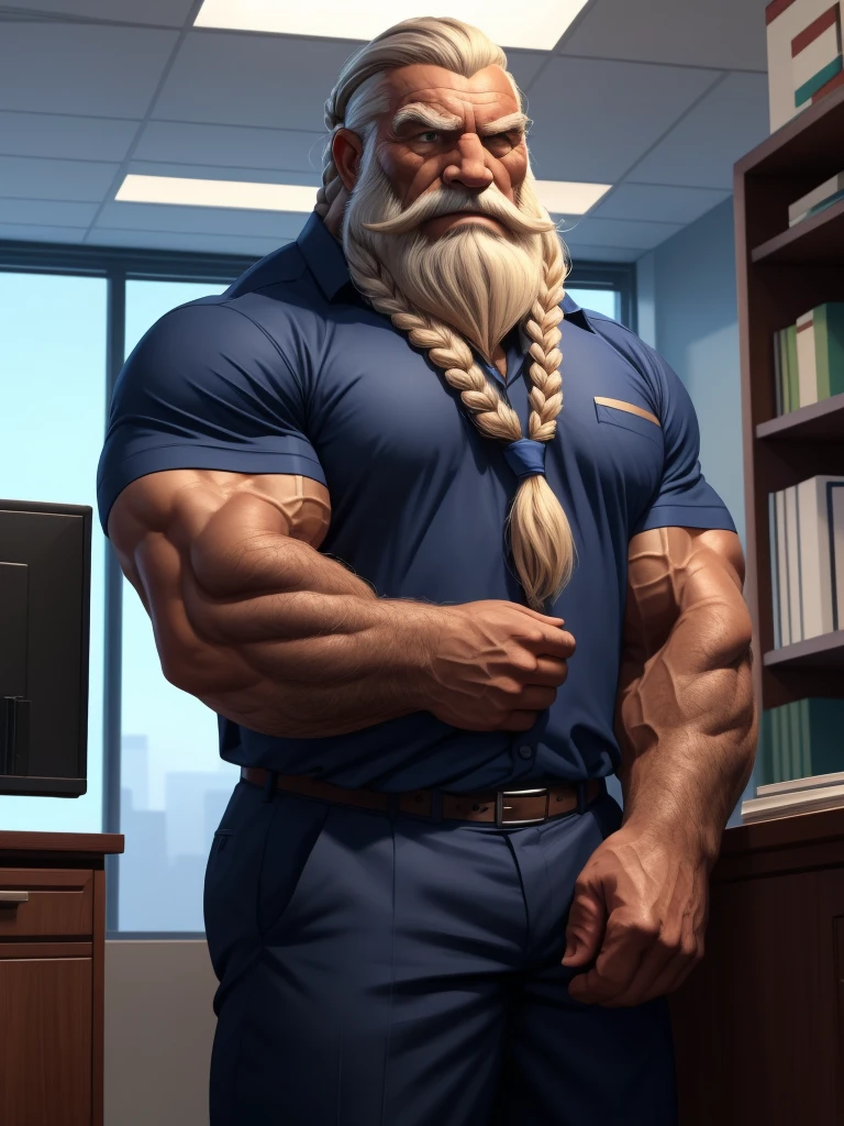 a muscular old man with a long beard, braided beard, no mustache, wearing a shirt, necktie, standing in office, (best quality,4k,8k,highres,masterpiece:1.2),ultra-detailed,,detailed wrinkles,detailed facial features,detailed texture, half body, halfbody