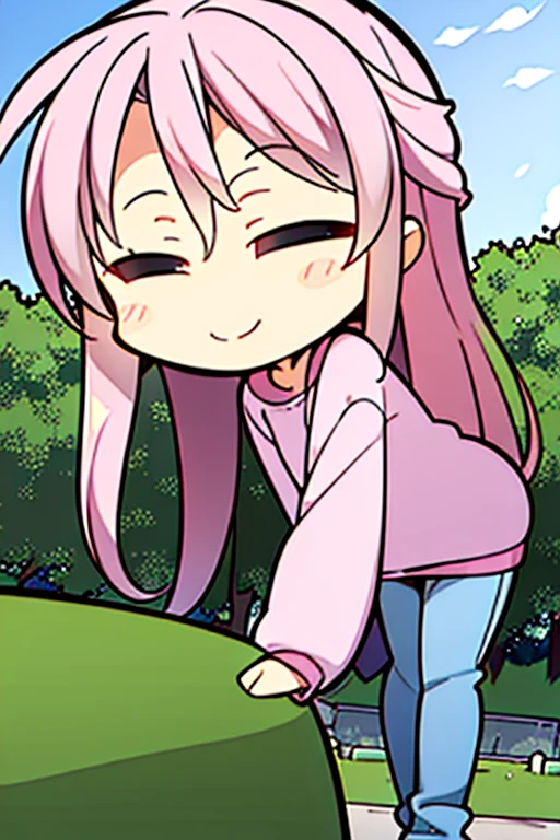 Perfect face. Perfect hands. A pink haired girl with violet in a sweatshirt and jeans is smiling while leaning forward in the cemetery