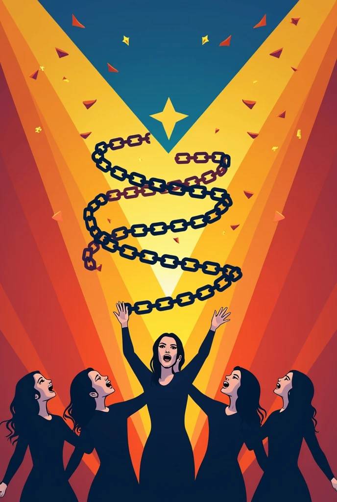 A group of simply stylized filipino people facing one direction singing with their mouths open, and from their mouths, musical notes individually intertwined with chains that are breaking apart. The background is the Philippine flag