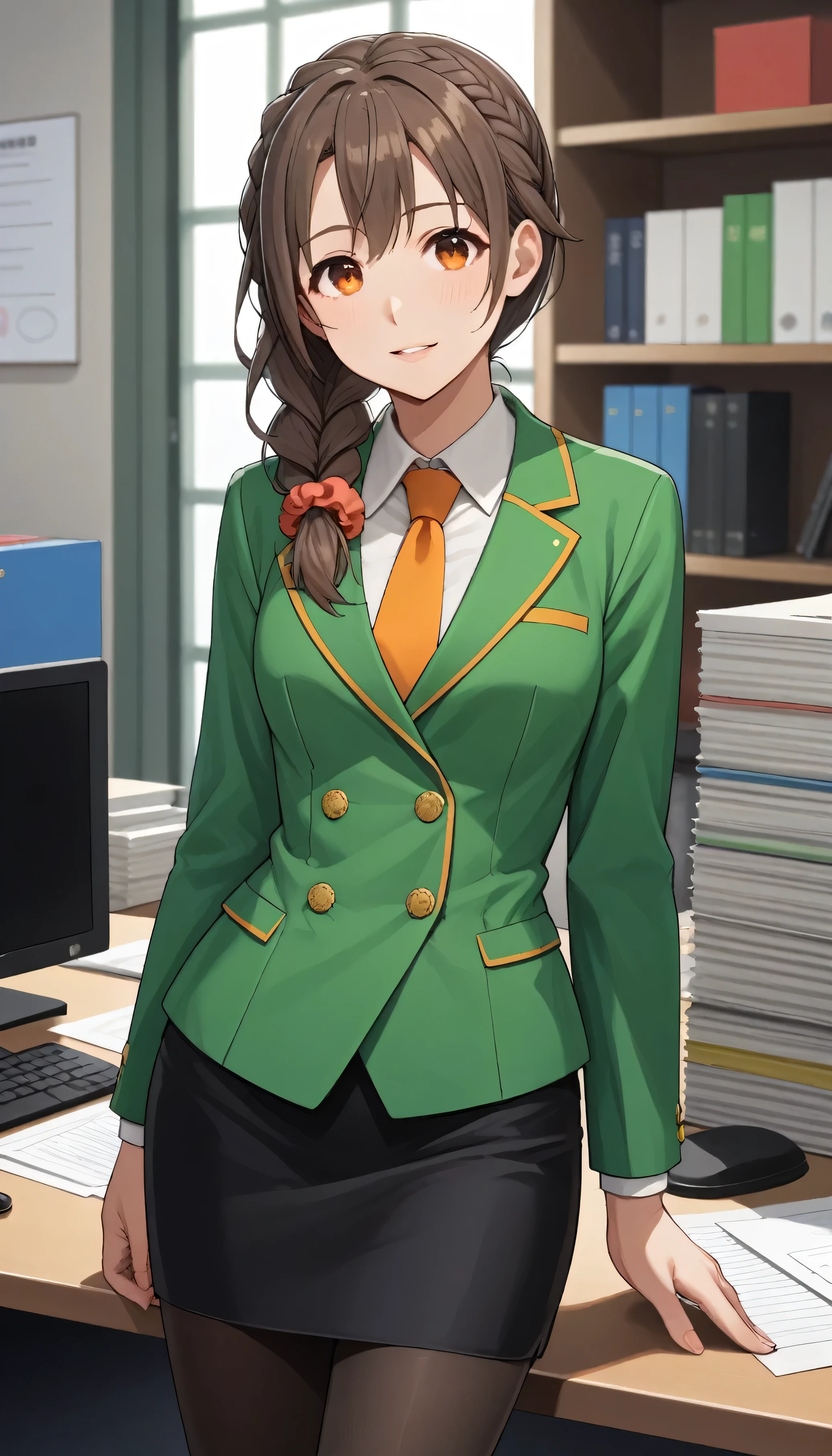 score_9, score_8_up, score_7_up, source_anime, best quality, masterpiece, office,
human, solo, sosenkawa chihiro, cosChihhi, brown hair, orange eyes, side braid, red scrunchie, green jacket, black pantyhose,  black pencil skirt, yellow necktie, three-piece suit, blazer, waistcoat, double-breasted suit jacket
