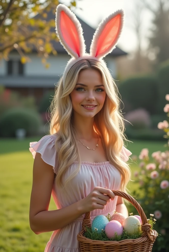 Create a realistic image of a 20 year old woman, long blonde hair, blue eyes, cheekbones, ((full body)),
 dressed in a dress, bunny ears, holding a basket with easter eggs, in her garden, background image: her house and friends, from head to toe, full body, hyper realistic photo