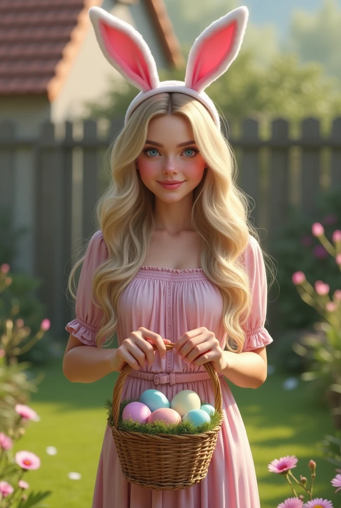Create a realistic image of a 20 year old woman, long blonde hair, blue eyes, cheekbones, ((full body)),
dressed in a dress, bunny ears, holding a basket with easter eggs, in her garden, background image: her house and friends, from head to toe, full body, hyper realistic photo