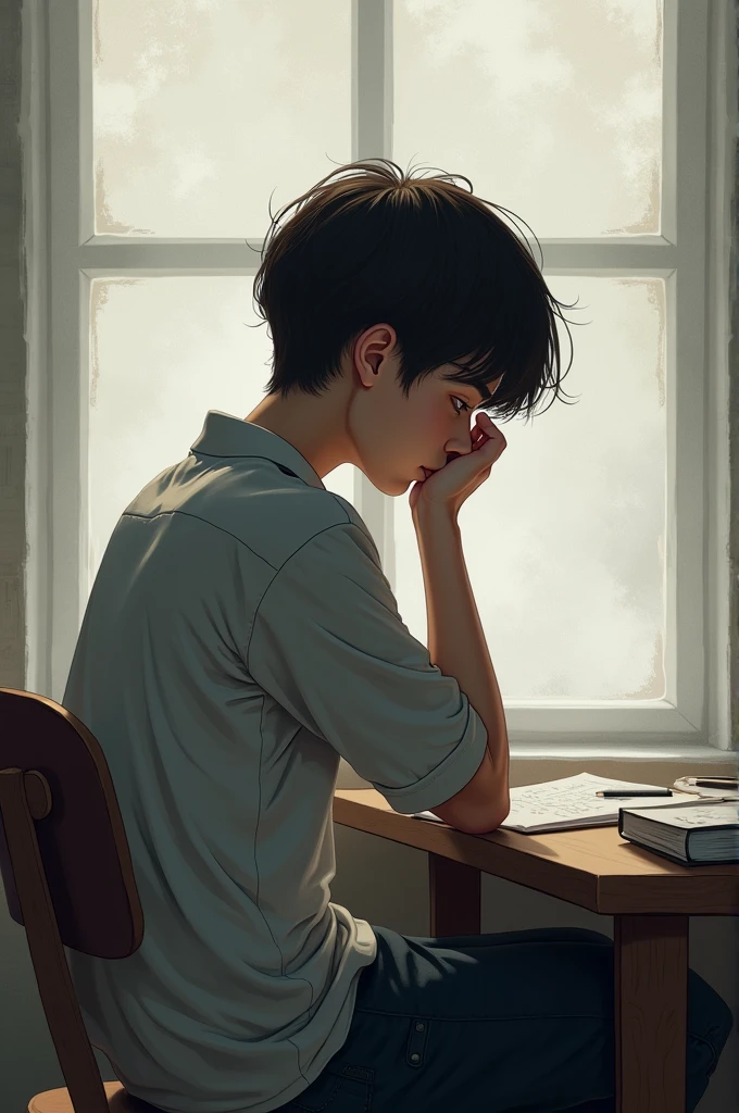 Teenager that set in a chair solving a problem in math and problem in life but the teenager set backward.