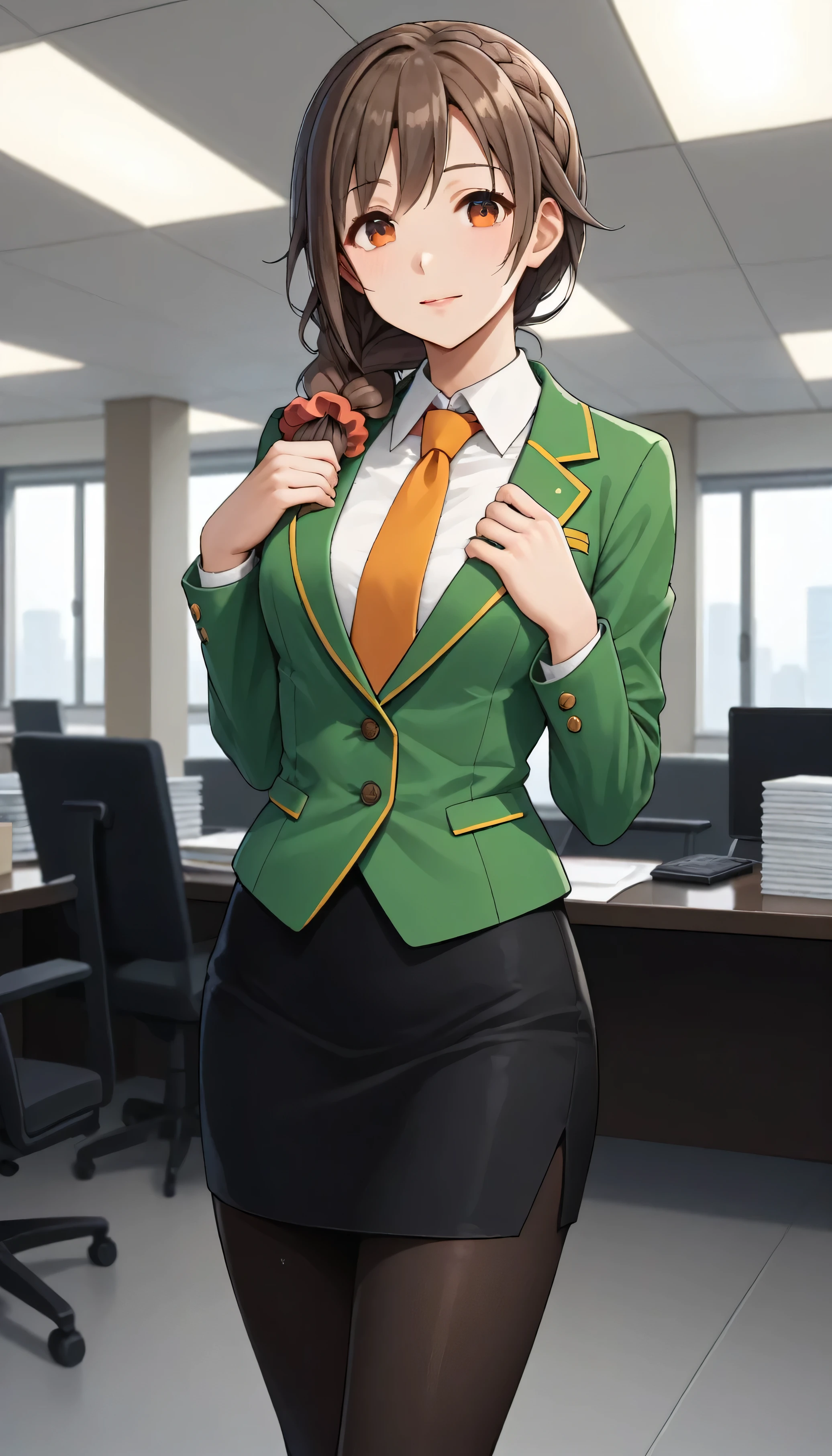 score_9, score_8_up, score_7_up, source_anime, best quality, masterpiece, office,
human, solo, sosenkawa chihiro, cosChihhi, brown hair, orange eyes, side braid, red scrunchie, green jacket, black pantyhose,  black pencil skirt, yellow necktie, three-piece suit, blazer, waistcoat, double-breasted suit jacket
