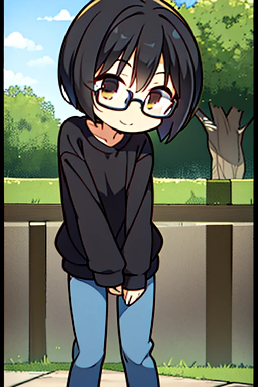 Perfect face. Perfect hands. A black haired boy with light brown eyes and short hair and glasses in a sweatshirt and jeans is smiling while leaning forward in the cemetery

