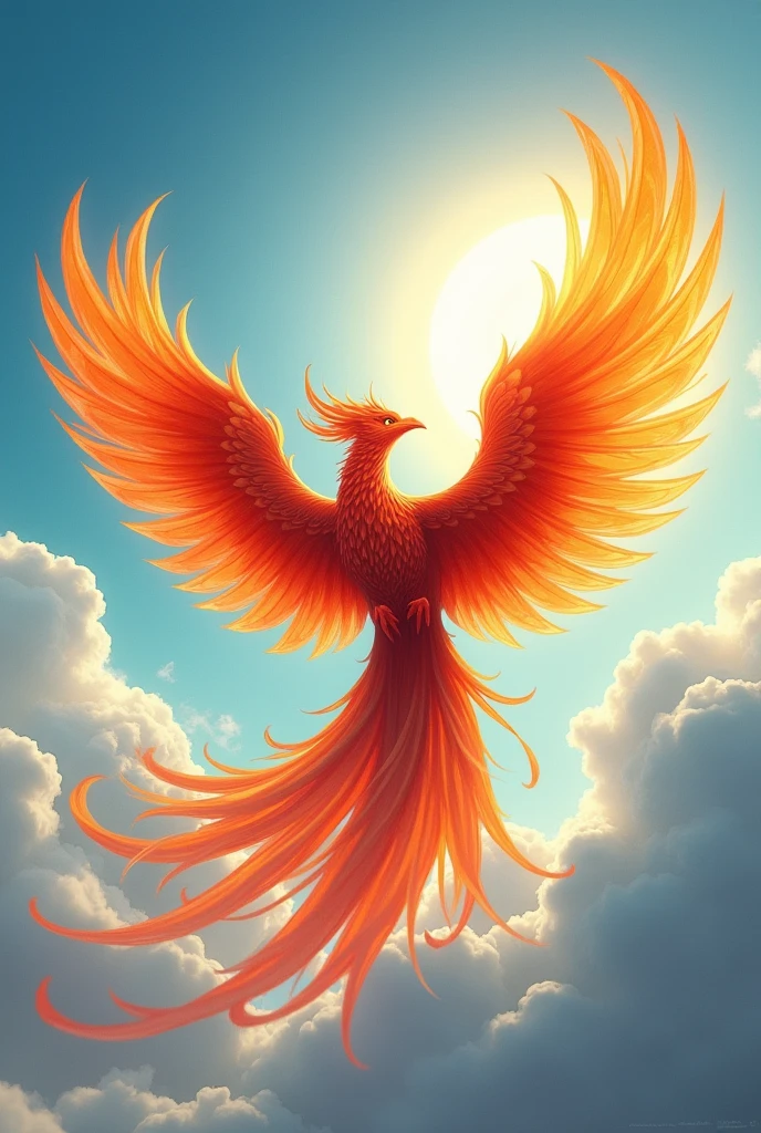 a radiant and glorious phoenix, soaring over a clear sky with the sun in the background, triumphant and majestic pose, 8K, ultrarealistic, majestous, gracious, highquality