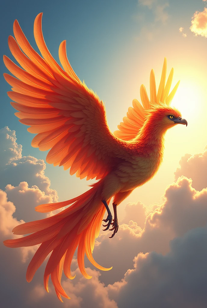 a radiant and glorious phoenix, soaring over a clear sky with the sun in the background, triumphant and majestic pose, 8K, ultrarealistic, majestous, gracious, highquality