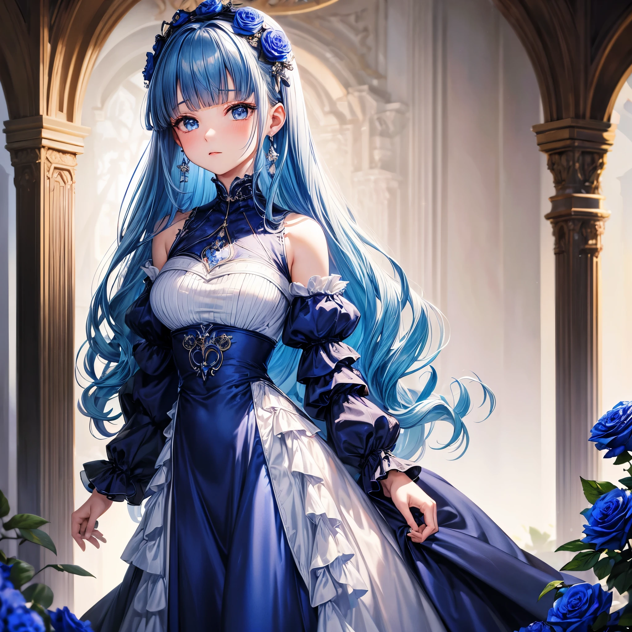 ((Highest quality)),(Ultra-high resolution),Flared skirt dress,High neck、The material of the dress is deep blue roses、Highly detailed CG Unity 8k wallpaper, , Earrings, Blue hair, Curly Hair, Blunt bangs, Straight bangs, Blue eyes, White skin, Gal, One person、Her flat chest is hidden by her dress