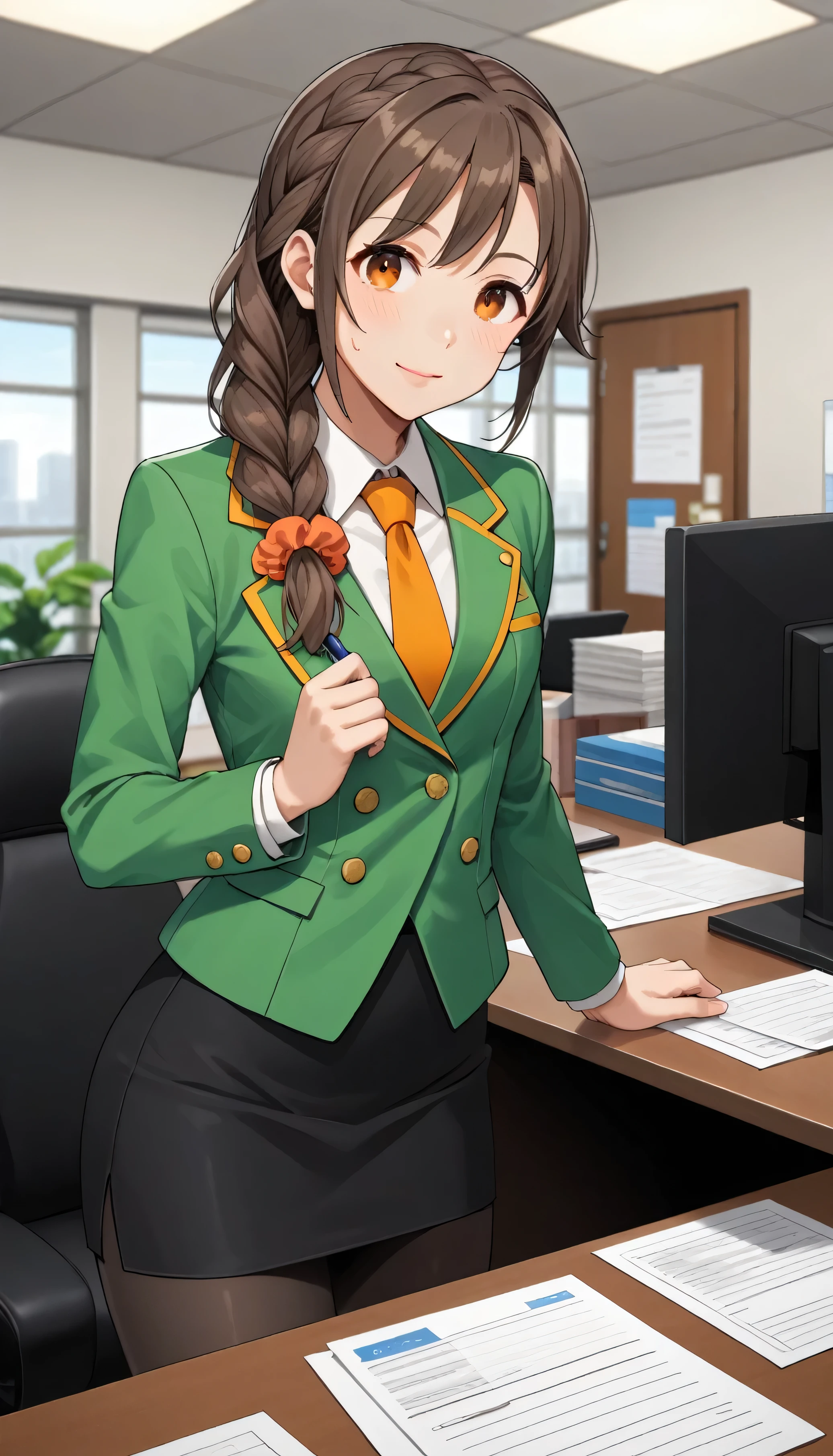 score_9, score_8_up, score_7_up, source_anime, best quality, masterpiece, office,
human, solo, sosenkawa chihiro, cosChihhi, brown hair, orange eyes, side braid, red scrunchie, green jacket, black pantyhose,  black pencil skirt, yellow necktie, three-piece suit, blazer, waistcoat, double-breasted suit jacket
