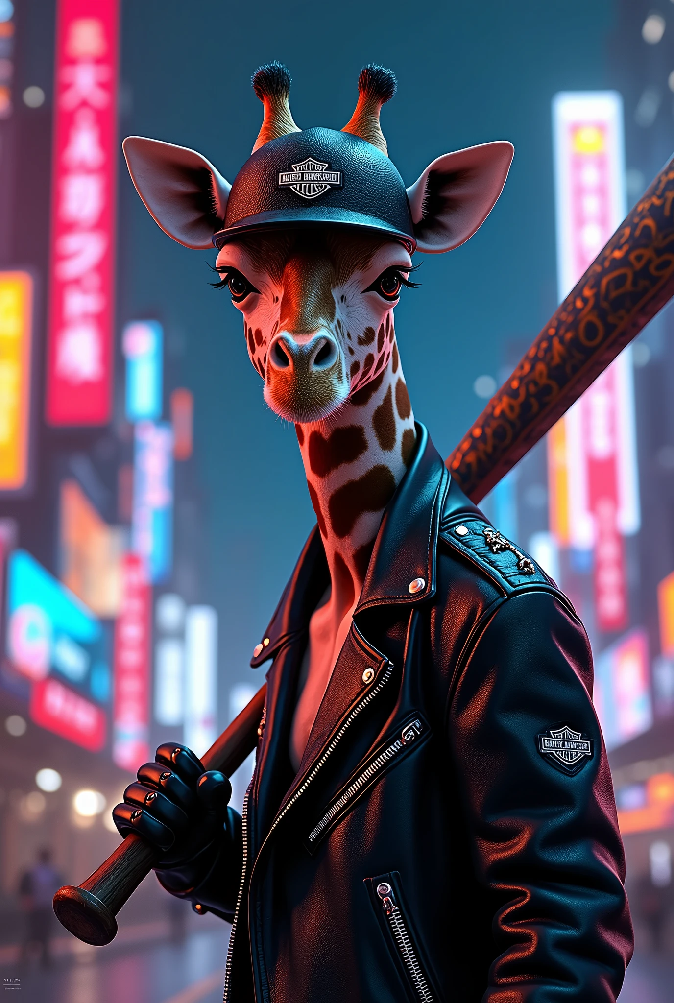 A giraffe dressed as a Harley Davidson holds a bat, Cyberpunk art inspired by Earl Burgie, CG society hot topic, Pop Art, Harley Quinn, Harley Queen, kim kardashian as Harley Quinn, lady gaga as Harley Quinn, cosplay on black Harley Queen, of Harley Quinn, lady gaga is Harley Quinn, portrait of Harley Quinn, lady gaga as Harley Queen