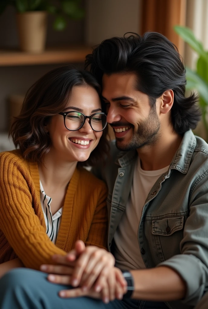 A couple where the woman is white with brown short hair and glasses, a little thicker and the man from Colombia comes with black mulet hair