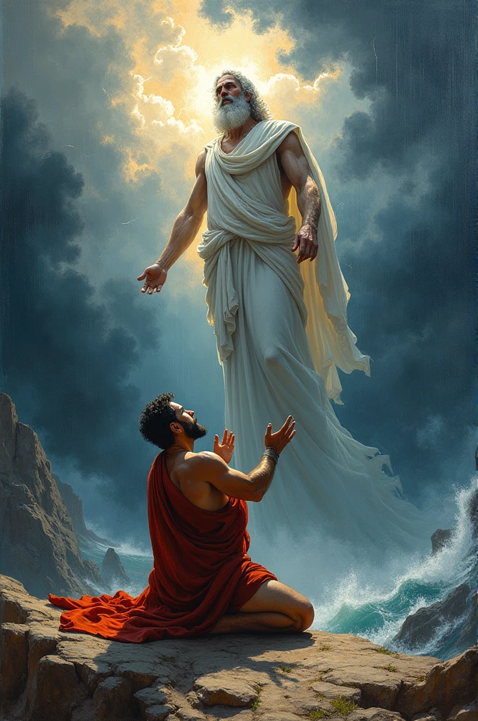 A rough oil painting of a man kneeling down facing and praising Zeus above