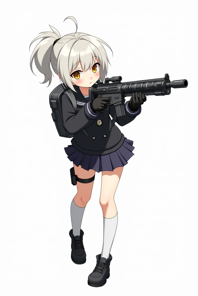 Medium-height anime girl, short white ponytail tail hair, yellow eye, calm face, aiming a futuristic Light machine gun, wearing a black school uniform, short skirt, long white socks, cute black backpack, tactical gloves, tactical boots. Manga art style with white background