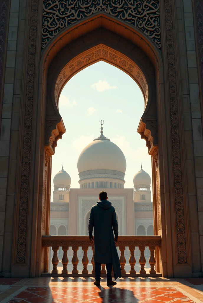 A protester stands on the balcony of a mosque. 
He is looking inside the mosque