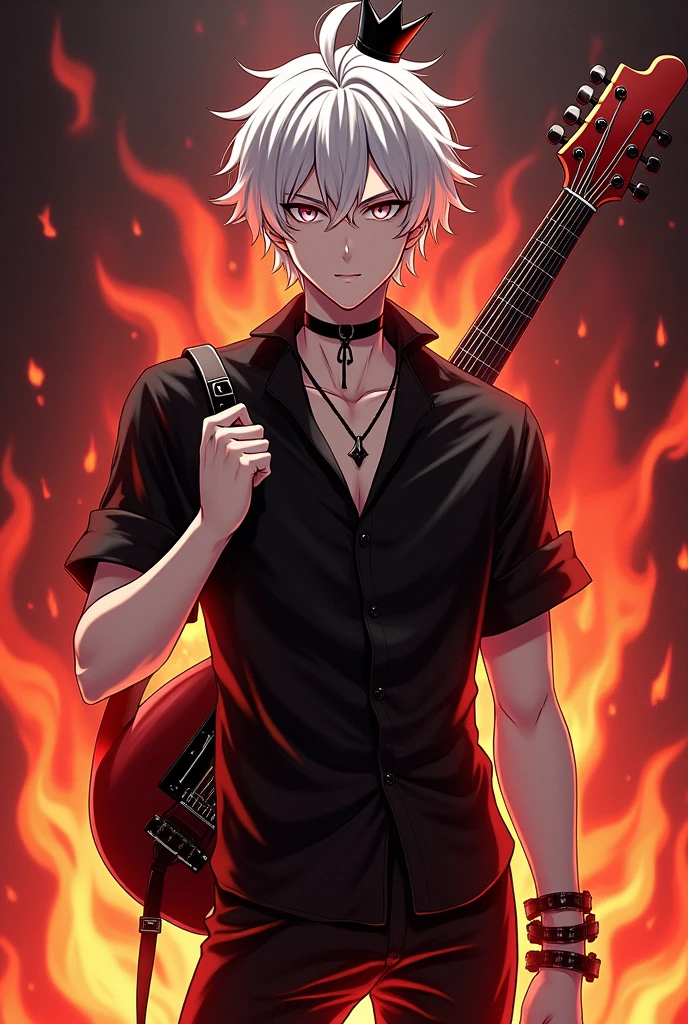 Create a male anime-style avatar with white hair, a small red lock, and white eyes, pale skin, a small black crown, a black rock-style shirt, black pants, and a red electric guitar on his backa background with fire