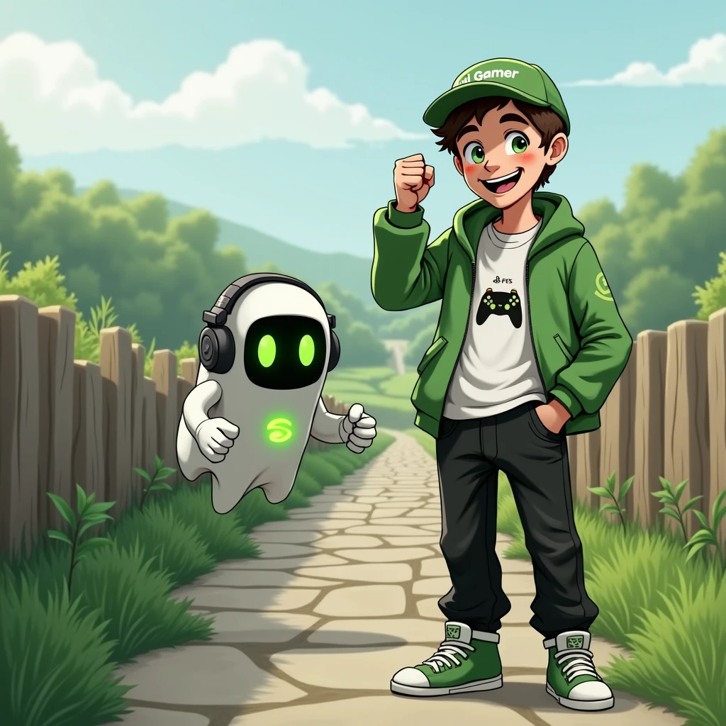 Create two characters that interact with each other. The two characters are friends through many adventures.
Character 1: Boy approximately 1 . He is tall. His facial expression is friendly and smiling., with big green eyes that convey a sense of curiosity and joy. your hair is short, brown in color and slightly disheveled, visible under the CAP. His cap is green and has a Playstation 5 controller printed on the front.. He wears a white T-shirt under a hooded jacket and matching cap.. The jacket has the word "Soulgamer" written visibly at chest height. He wears loose black pants that fit comfortably over green sneakers that match his jacket and cap., with white shoelaces tied tightly. Character 1 is standing with the fist of one of his hands clenched while the fist of his other hand is raised as if he is celebrating..
Character 2: Medium-sized robot mascot with ghost-like appearance. Resembling a drop. On his hands he has five well-defined fingers. His facial expression has large, green eyes with a glow, conveying a friendly and cheerful expression. He has a small open mouth with a happy smile and flushed cheeks.. Its body is white with small green details and a smooth, slightly shiny texture.. He has a headset on his head with an adjustable microphone positioned close to his mouth.. And on his chest you can see the illuminated shape of a Playstation 5 controller in fluorescent green.. It floats in the air, as if he were ready for an adventure.
The scene consists of a stone road with plants on the side and behind the characters you can see a portal where the word is written "Soul Gamer"