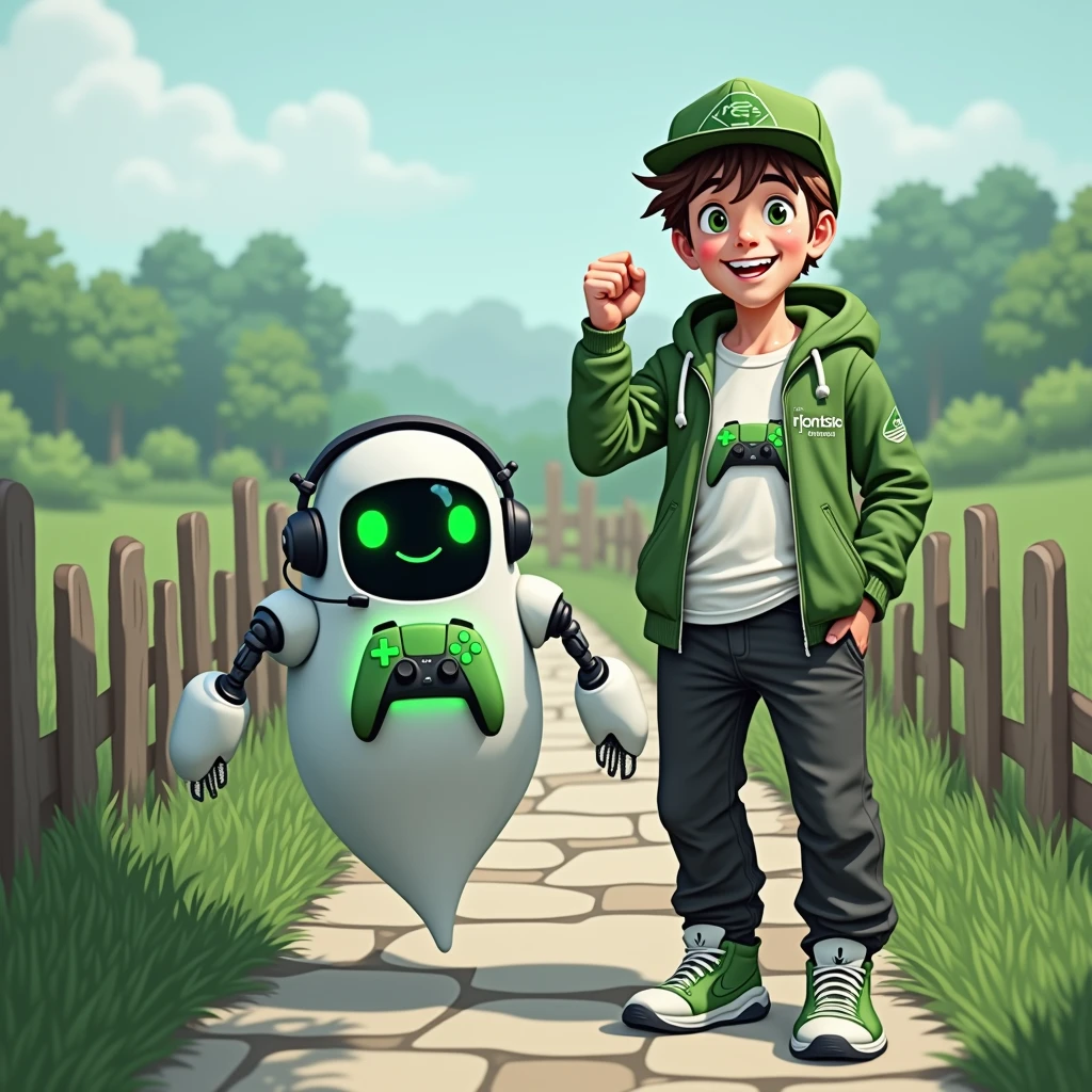 Create two characters that interact with each other. The two characters are friends through many adventures. 
Character 1: Boy approximately 1 . He is tall. His facial expression is friendly and smiling., with big green eyes that convey a sense of curiosity and joy. your hair is short, brown in color and slightly disheveled, visible under the CAP. His cap is green and has a Playstation 5 controller printed on the front.. He wears a white T-shirt under a hooded jacket and matching cap.. The jacket has the word "Soulgamer" written visibly at chest height. He wears loose black pants that fit comfortably over green sneakers that match his jacket and cap., with white shoelaces tied tightly. Character 1 is standing with the fist of one of his hands clenched while the fist of his other hand is raised as if he is celebrating.. 
Character 2: Medium-sized robot mascot with ghost-like appearance. Resembling a drop. On his hands he has five well-defined fingers. His facial expression has large, green eyes with a glow, conveying a friendly and cheerful expression. He has a small open mouth with a happy smile and flushed cheeks.. Its body is white with small green details and a smooth, slightly shiny texture.. He has a headset on his head with an adjustable microphone positioned close to his mouth.. And on his chest you can see the illuminated shape of a Playstation 5 controller in fluorescent green.. It floats in the air, as if he were ready for an adventure. 
The scene consists of a stone road with plants on the side and behind the characters you can see a portal where the word is written "Soul Gamer"