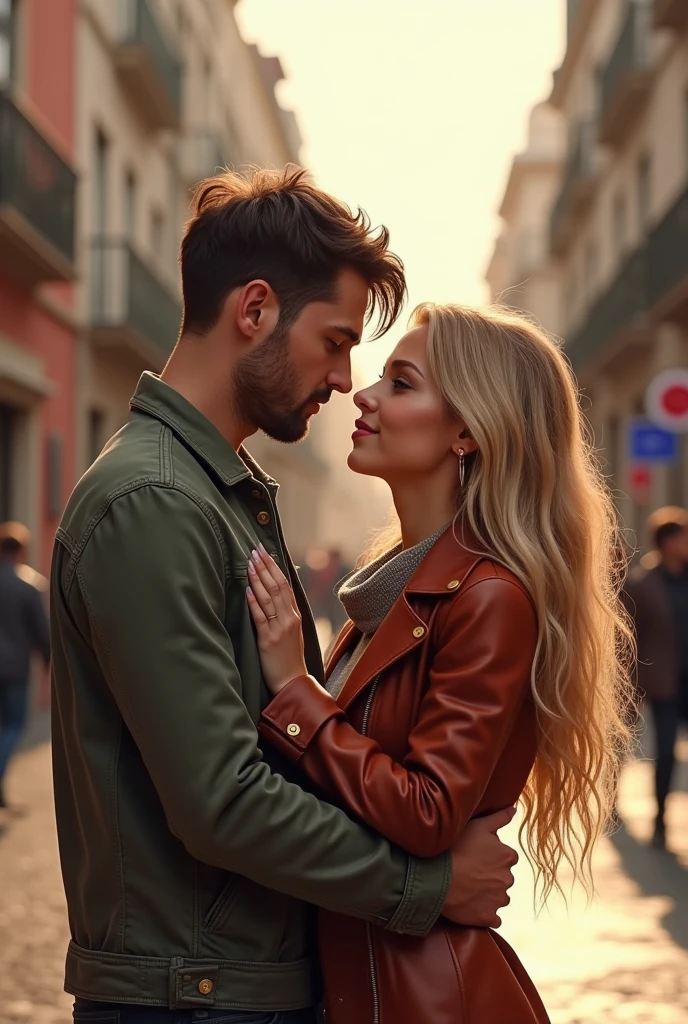 A couple he brown hair and eyes she blonde long hair green eyes hugging in Madrid 8k ultrarealistic photorealistic 