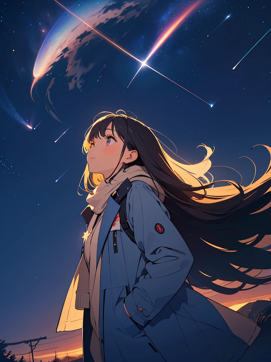 Many stars twinkling in a beautiful bright winter night sky, long exposure starry sky with many circular orbits, silhouette of a young woman with long hair with her hands in her coat pockets looking up at it, photo taken from long distance, photo from below