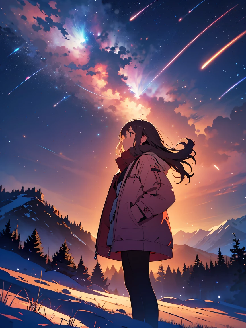 Many stars twinkling in a beautiful bright winter night sky, long exposure starry sky with many circular orbits, silhouette of a young woman with long hair with her hands in her coat pockets looking up at it, photo taken from long distance, photo from below