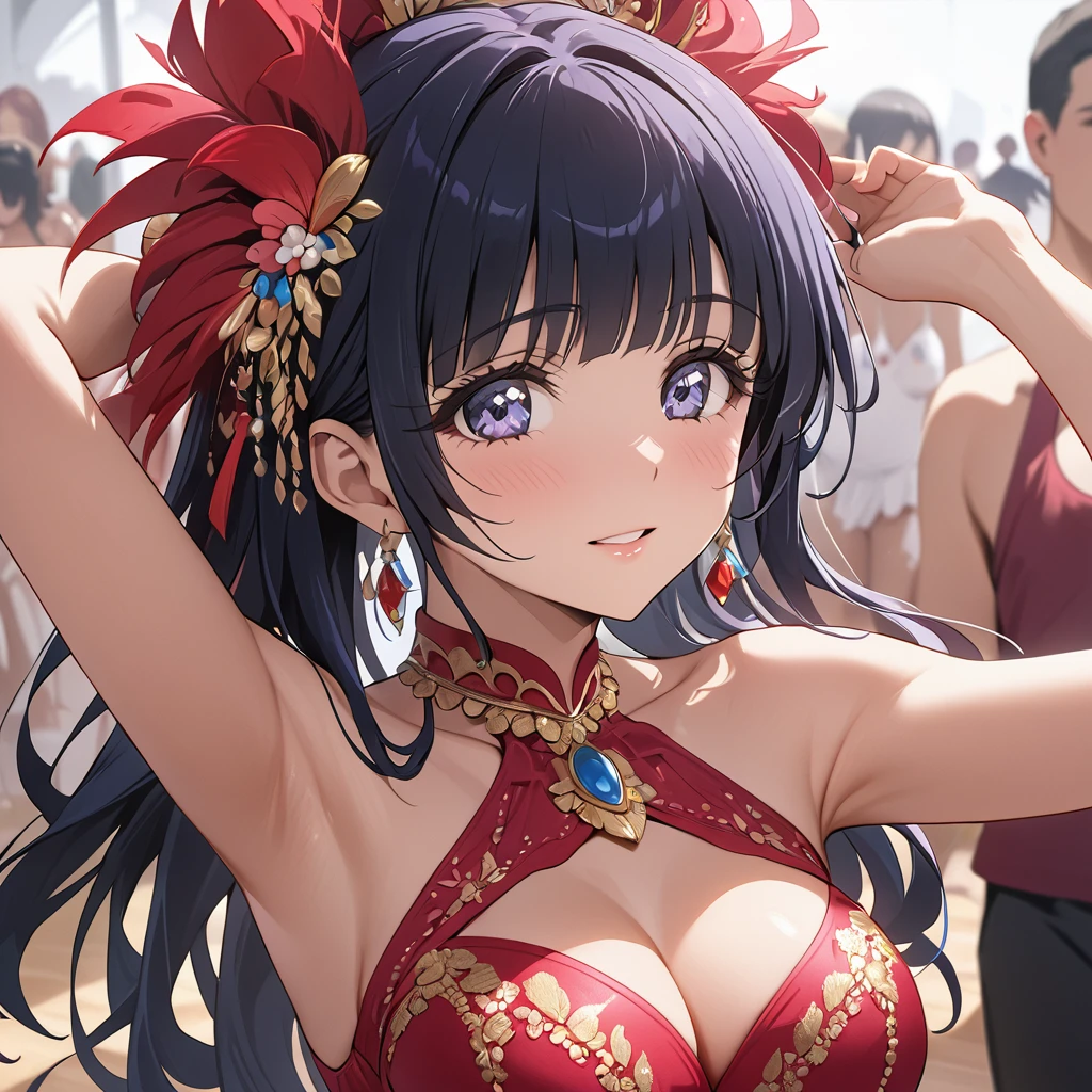 ((Highest quality)), ((masterpiece)), (detailed), (Perfect Face)、The woman is Reika Aoki with semi-long hair、A woman is dancing salsa in a salsa costume in South America