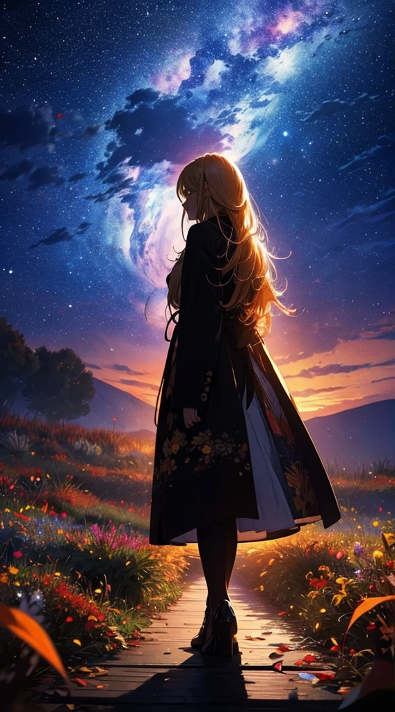 1people々々々々々々々々々々々々々,Blonde long-haired woman,Long coat, Dress Silhouette, Rear View,Space Sky, Flower Field,Colorful flowers,autumn,autumn leaves,