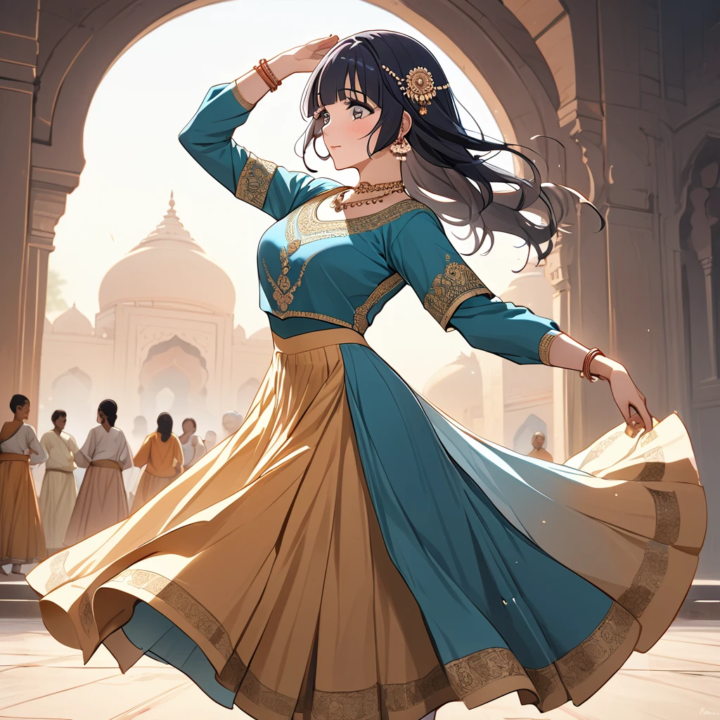 ((Highest quality)), ((masterpiece)), (detailed), （Perfect Face）、The woman is Reika Aoki with semi-long hair、A woman is dancing Kathak dance in a Kathak costume in India