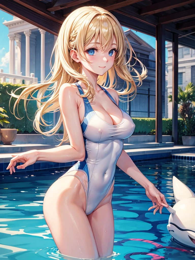 Anime style, super fine illustration, super clear illustration, highly detailed, beautiful detailed, super pale tone image, super delicate illustration, super calm & static image, sexy posing Portrait, static representation, gentle expression, 8k, pretty 1girl with blonde straight short hair & blue eyes & a bright smile & Big breasts & nipples & soft fair skin is wearing the competitive swimsuit in the swimming pool, happy stories, solo, perfect fingers, no more fingers, no less fingers, perfect arms, no more arms, no less arms, perfect legs, no more legs, no less legs, masterpiece,