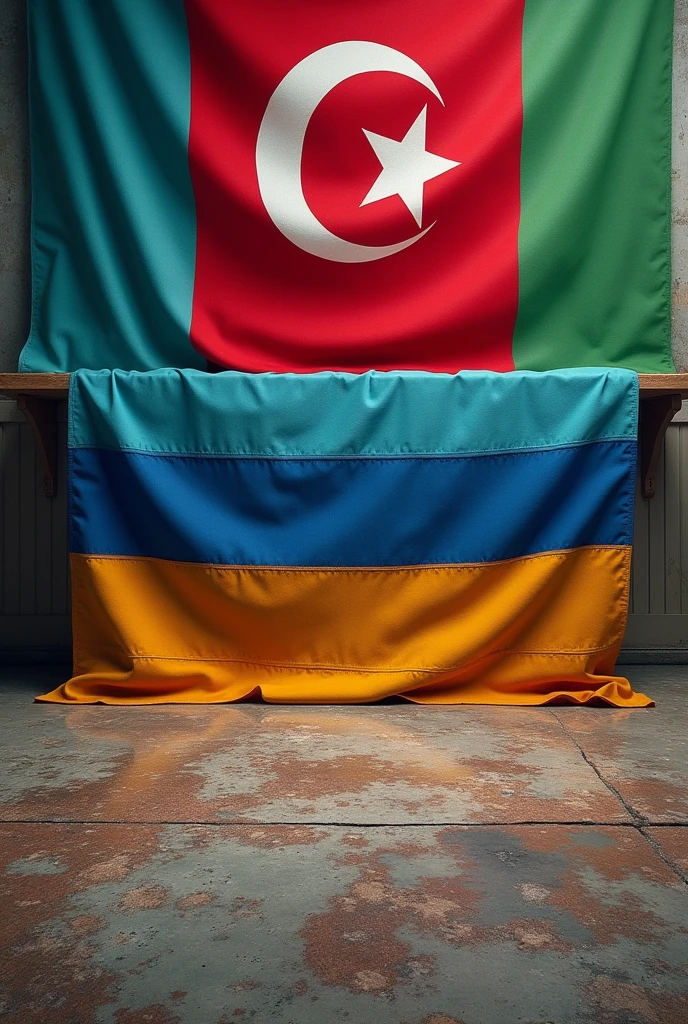 red,blue,yellow with dirty brown armenian flag on the floor stains.but beautiful Azerbaijan flag in the sky