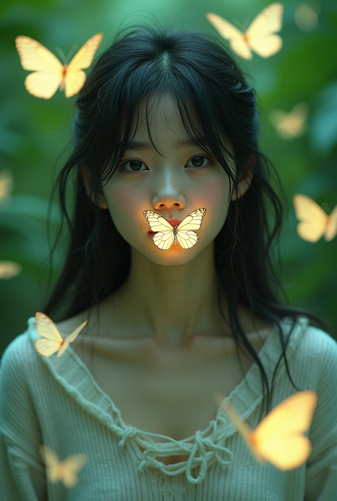 HD Photography，Real People，Beautiful Asian girl，She has long fluffy hair, Messy hair，There&#39;s a butterfly on my lips. She was wearing a white baggy tattered sweater，vegetation，Lush，, Fluorescent green color scheme, Soft shadows, close up, Minimalism, Soft colors, Swarms of glowing butterflies，The Art of Death