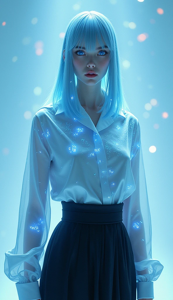 ((masterpiece)), (Highest quality), (detailed), (One person), (Internal Data Stream) Light blue gradient hair, Glowing blue eyes, Straight hair, Wearing a modern white shirt and black dress, Covered in data particles, Locked around the neck