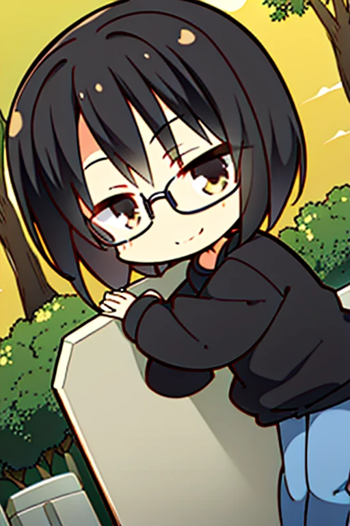 Perfect face. Perfect hands. A black haired boy with light brown eyes and short hair and glasses in a sweatshirt and jeans is smiling while leaning forward in the cemetery