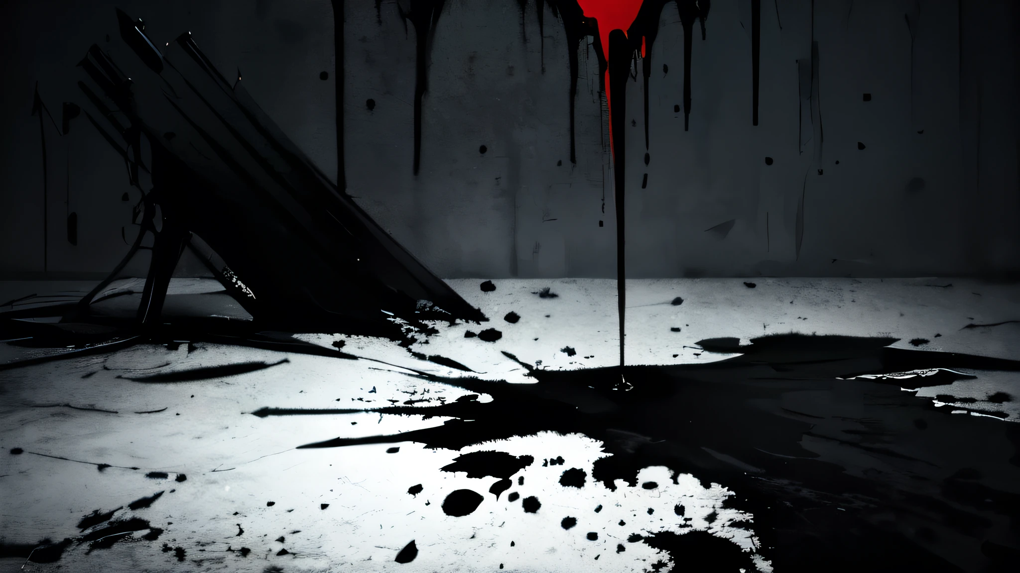  simple background, monochrome, horror (theme) there is a broken picture, black paint splatted, reaper, red blood splatted, smoked, red blood