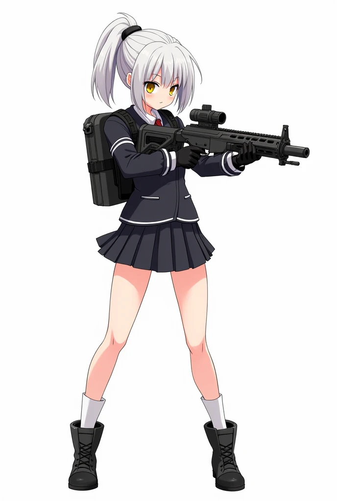 Medium-height anime girl, short white ponytail tail hair, yellow eye, aiming a futuristic Light machine gun, wearing a black school uniform, short skirt, long white socks, cute black backpack, tactical gloves, tactical boots. Manga art style with white background