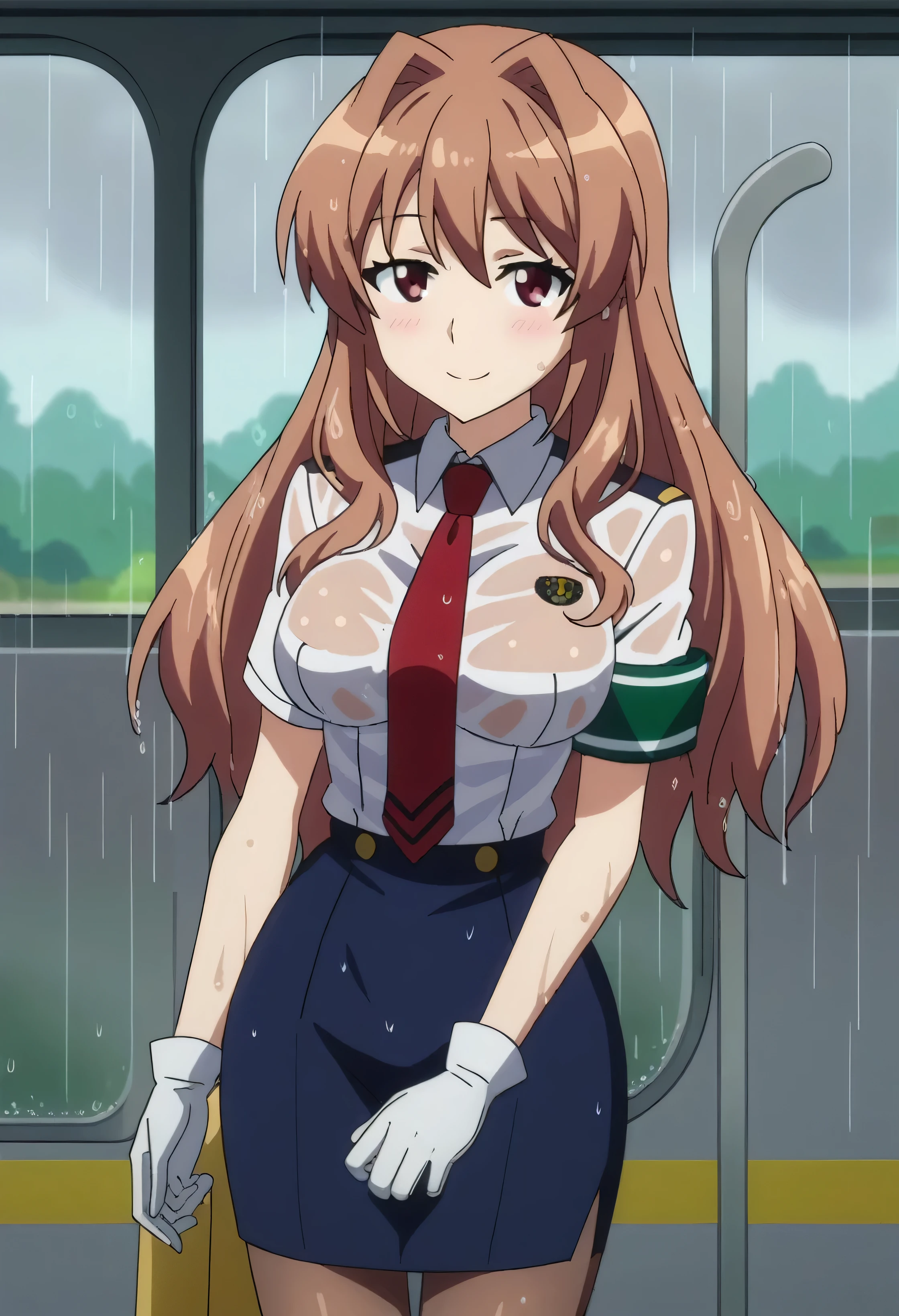 score_7_up, anime screencap,
1girl, solo, closed mouth, light smile, blush,
long hair, brown hair, brown eyes,
HarukaUniform, blue jacket, white shirt, red necktie, green armband, white gloves, pencil skirt, blue skirt, brown pantyhose,
standing, looking at viewer, thigh gap, cowboy shot,
raining, soaked, wet, wet clothing, wet hair, pinup pose, sexy, leaning on train, sultry, bedroom eyes