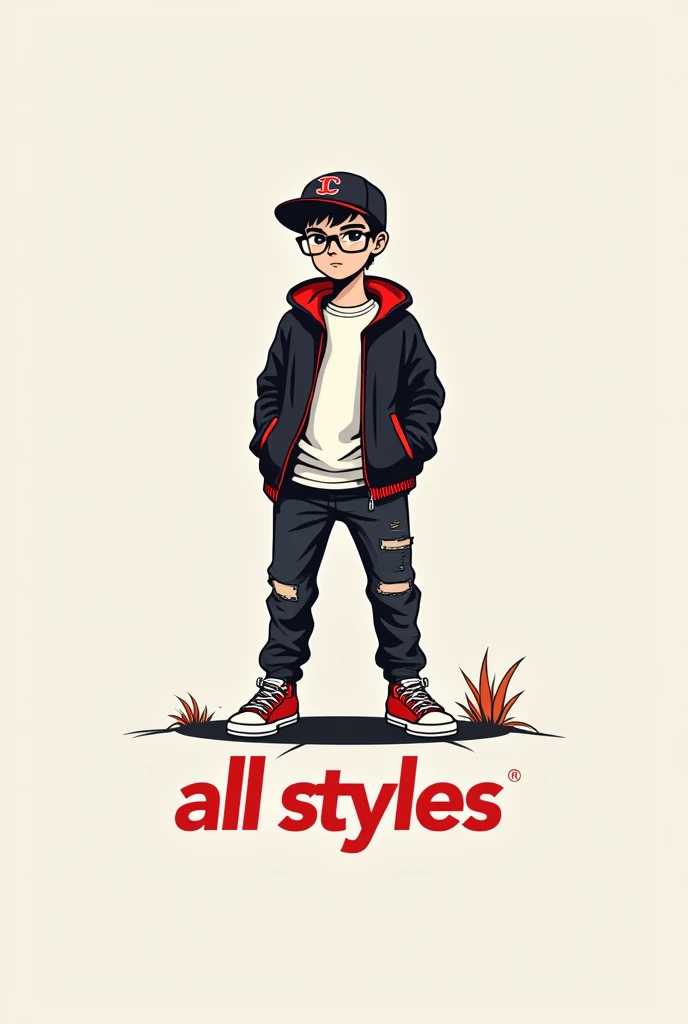 A logo with a boy wearing a cap, glasses,t - shirt,a cold breeze opened,pants,and a pair of sneakers, and below it says all styles in red and black