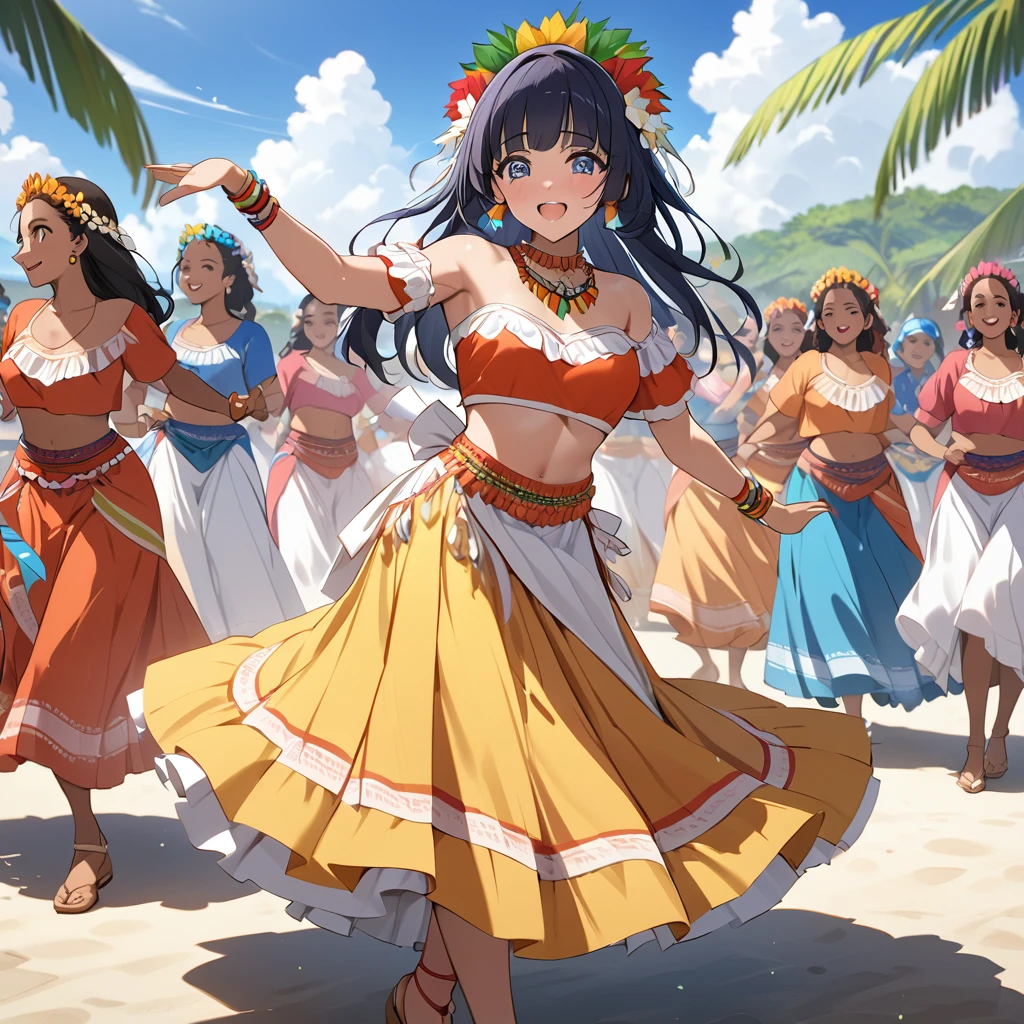 ((Highest quality)), ((masterpiece)), (detailed), （Perfect Face）、The woman is Reika Aoki with semi-long hair、A woman is dancing the Mauritian folk dance Sega dance in a costume of the Mauritian folk dance Sega dance in Mauritius, Africa