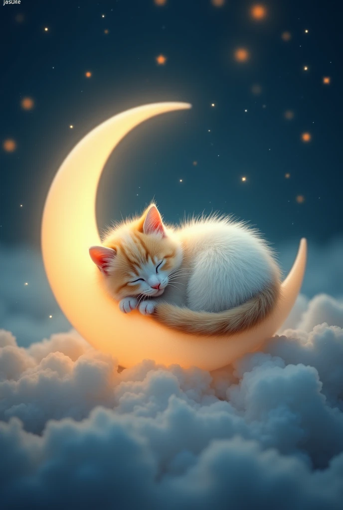 a stunningly realistic photo of a fluffy white yellow kitten sleeping on a pointy,
crescent moon, close eyes, night sky, rim ambient lighting, pure perfection,
divine presence, unforgettable, impressive, breathtaking beauty, watermark "JASUKE"