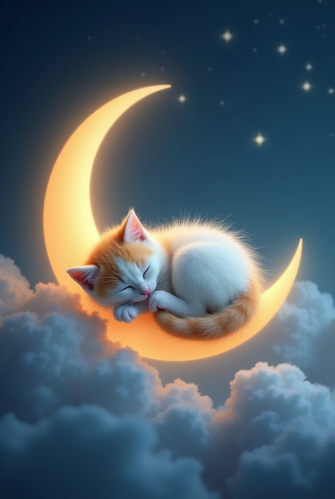 a stunningly realistic photo of a fluffy white yellow kitten sleeping on a pointy,
crescent moon, close eyes, night sky, rim ambient lighting, pure perfection,
divine presence, unforgettable, impressive, breathtaking beauty, watermark "JASUKE" 