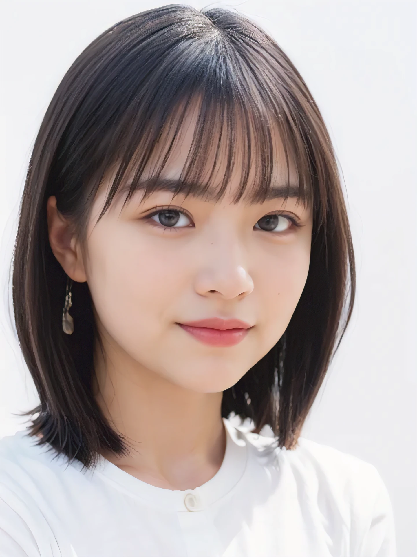 1girl, 25years old woman, cute face, Small breasts, medium breasts, large breasts, beautiful face, (perfectly detailed face), ((looking at viewer)), Simple Background, ((white background)), ((white wallpaper)), White skin, (bright lighting:1.2), perfect lighting, photorealistic, (bokeh), UHD, anatomically correct, highres