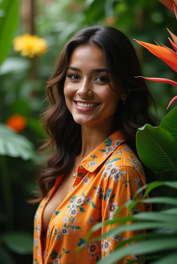 A Brazilian woman in a lush tropical garden, wearing an open shirt with a floral print, with a close-up capturing the harmonious beauty between her breasts and the natural flowers, showing off your natural charm and outgoing personality.