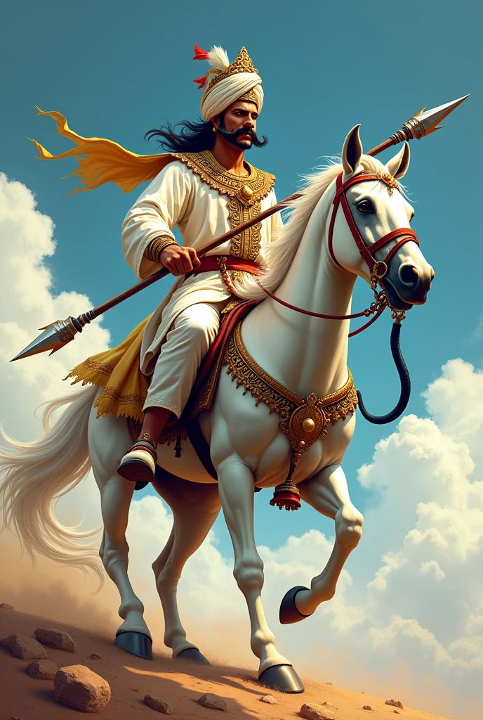 Create an image of Tejaji Maharaj with a traditional and decorative Rajasthani turban on his head. He should have a shining spear in his hand which is shiny and impressive. Tejaji Maharaj is wearing white clothes, which shows his royal dignity. They have white, shiny shoes on their feet. He should ride on a white horse, which shows his bravery and valor.He has only mustaches on his face, which shows his strength and courage. The background should have a blue sky, giving the picture an open and spacious perspective.
A black snake strikes Tejaji Maharaj's spear and bites Tejaji's mouth and Tejaji Maharaj is bleeding.