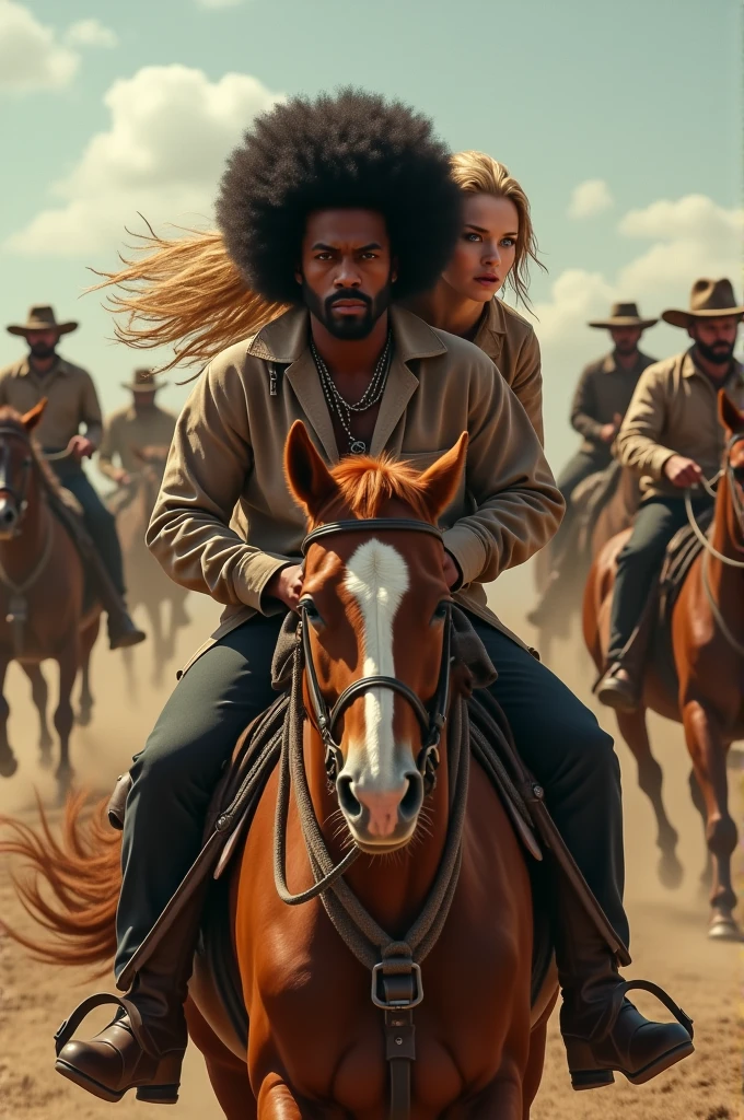 Edit a photo depicting a young black man, Afro-descendant with black power style hair, running away with a girl, blonde and blue eyes, on a white horse and being watched by brave men armed with rifles, in a situation of danger