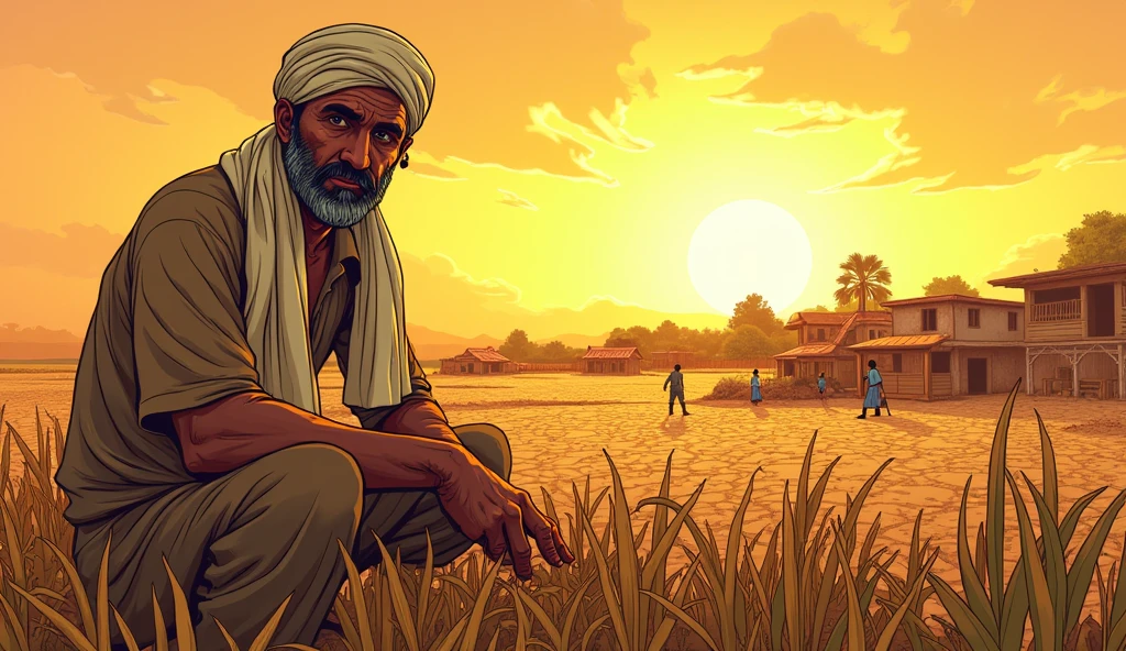 The story of Farmer Dhruv begins: Comic style. The scene shifts to a small village with a backdrop of parched, cracked soil under a scorching sun. Farmer Dhruv, a middle-aged man with short brown hair and a weathered face, works diligently in his field, dressed in simple brown clothes with a white cloth around his head. The surrounding area shows wilted crops and a dry landscape, reflecting the severity of the drought. In the distance, the village houses are small and modest, emphasizing the hardship faced by the villagers.