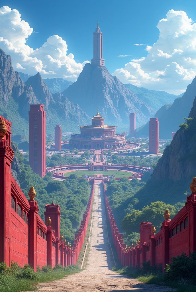 A view of an anime city from a hill 10 km outside the city it has many pillarrs with red stones in the walls surrounding it and there is a checkpoint visible from the hill