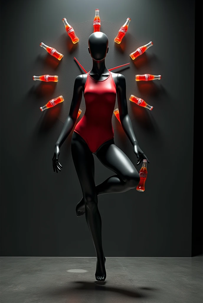 shop window with a black mannequin in a red swimsuit holding a coca cola in a floating yoga position, in the middle of a clock whose hands are coca cola bottles, on a dark background and highlighted in the middle