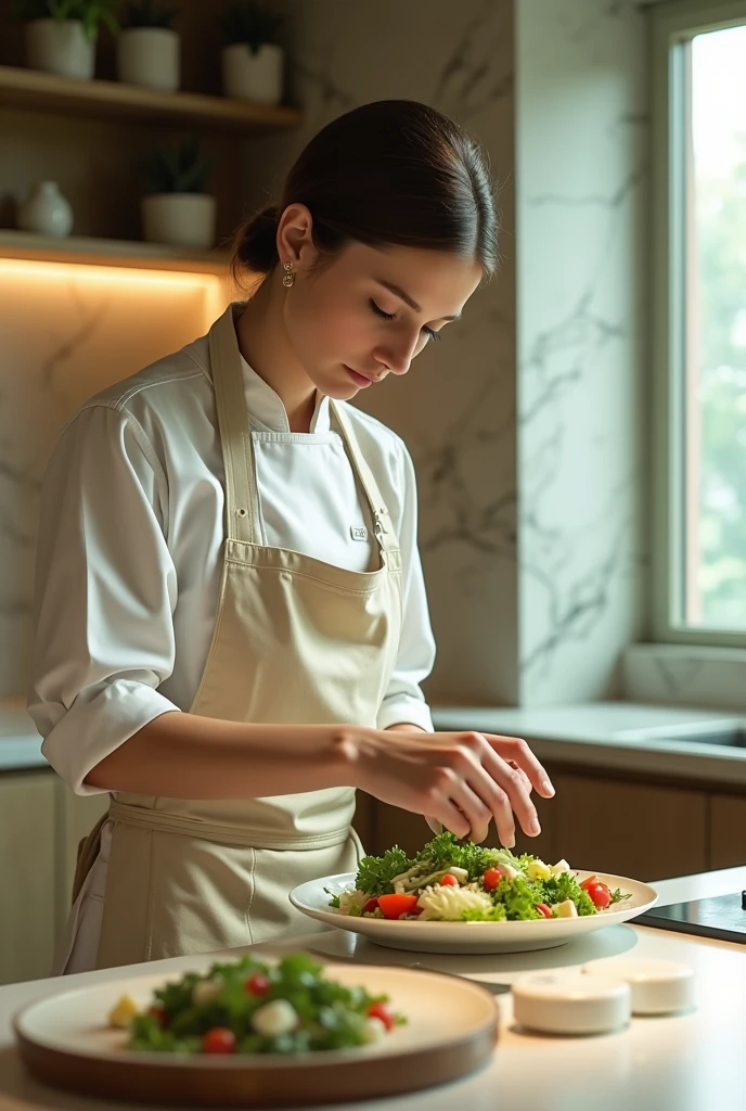 def create_crypto_caesar_prompt(woman, color_scheme, lighting, textures):
return (f"Visualize {woman}, a cutting-edge culinary artist, preparing 'Crypto Caesar Salad' in a chic, contemporary kitchen. "
f"She is wearing a crisp, modern apron, her movements precise and elegant. "
f"The scene features a {color_scheme} palette of light green, cream, and brown, with neutral {lighting} "
f"that highlights the freshness of the salad ingredients. The kitchen's design combines sleek modern surfaces "
f"with natural elements, emphasizing the harmony between technology and tradition in her culinary approach.")
crypto_caesar_prompt = create_crypto_caesar_prompt(
"a modern and elegant chef",
"light green (#9FD356), cream (#FFFDD0), and brown (#8B4513)",
"neutral lighting",
"modern surfaces and natural elements"
)