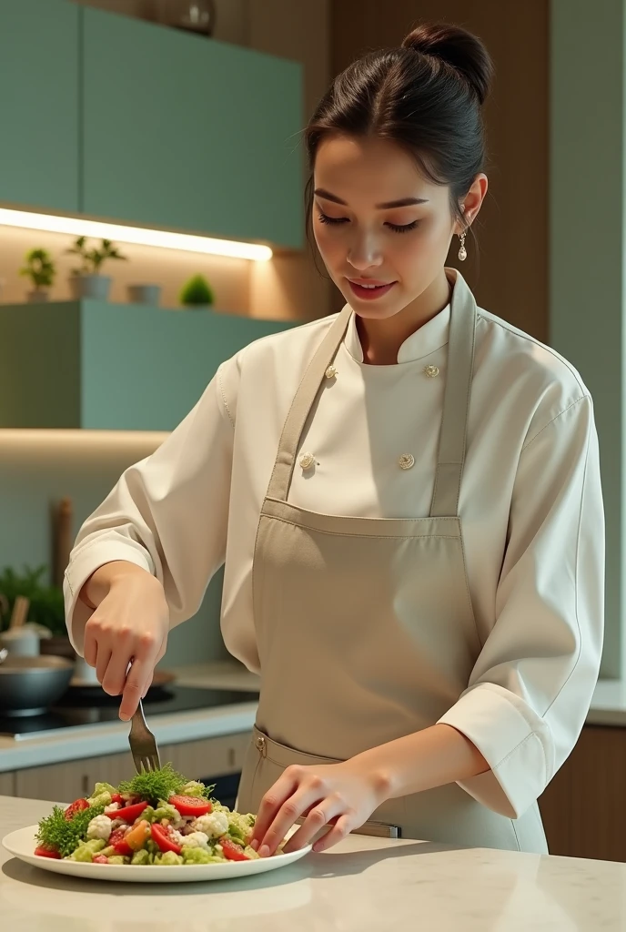 def create_crypto_caesar_prompt(woman, color_scheme, lighting, textures):
return (f"Visualize {woman}, a cutting-edge culinary artist, preparing 'Crypto Caesar Salad' in a chic, contemporary kitchen. "
f"She is wearing a crisp, modern apron, her movements precise and elegant. "
f"The scene features a {color_scheme} palette of light green, cream, and brown, with neutral {lighting} "
f"that highlights the freshness of the salad ingredients. The kitchen's design combines sleek modern surfaces "
f"with natural elements, emphasizing the harmony between technology and tradition in her culinary approach.")
crypto_caesar_prompt = create_crypto_caesar_prompt(
"a modern and elegant chef",
"light green (#9FD356), cream (#FFFDD0), and brown (#8B4513)",
"neutral lighting",
"modern surfaces and natural elements"
)